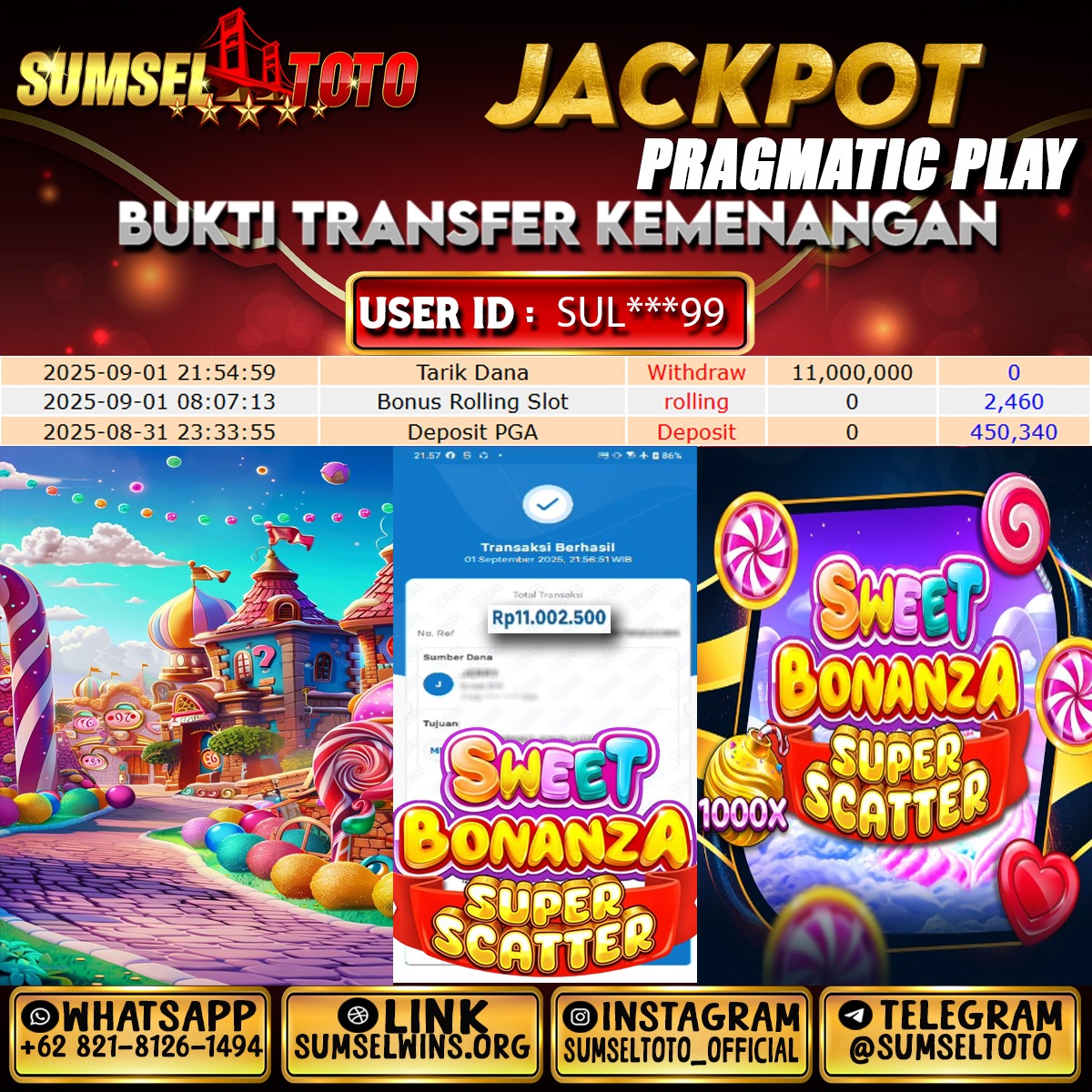 SUMSELTOTO JACKPOT SWEET BONANZA  Rp.11,000,000.,- LUNAS